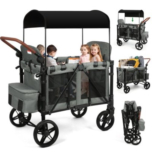 Vomeast Wagon Stroller for 4 Kids, 3-in-1 Wagon Stroller with Canopy, Adjustable Handlebars, Removable Seat for Toddlers