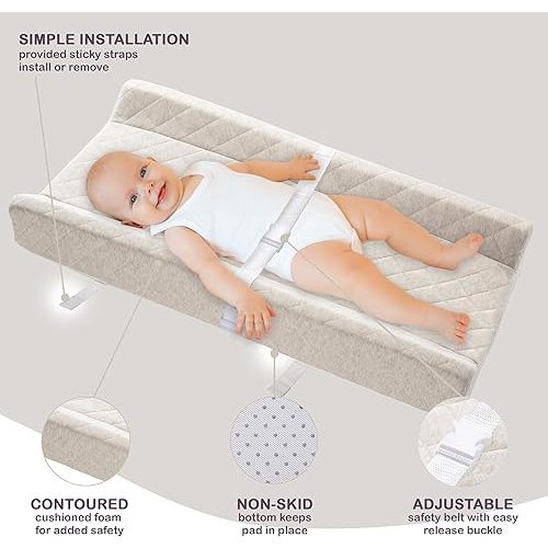 Organic Cotton Contoured Baby Changing Pad w/Waterproof Foam Mattress, Includes Soft, Removable & Washable Cover, Safety Strap, Non-Slip Bottom, Topper for Standard Size Infant Diaper Table & Dresser