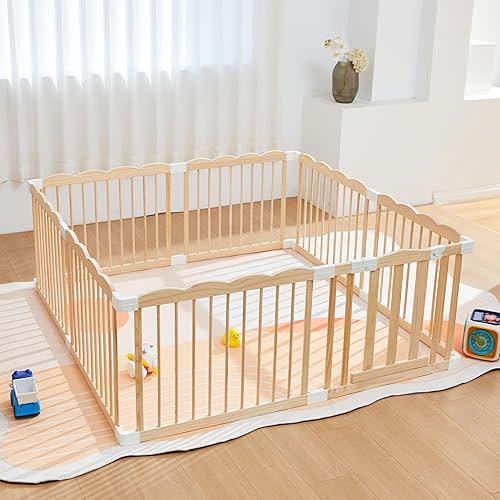 UInxiy Wooden Playpen & Wooden Playard for Babies and Toddlers,Wooden Large Shape & Size Adjustable Baby Fence,Corrales para Bebes and Baby Activity Centers with Locking Gate,(67x67x24Inches)