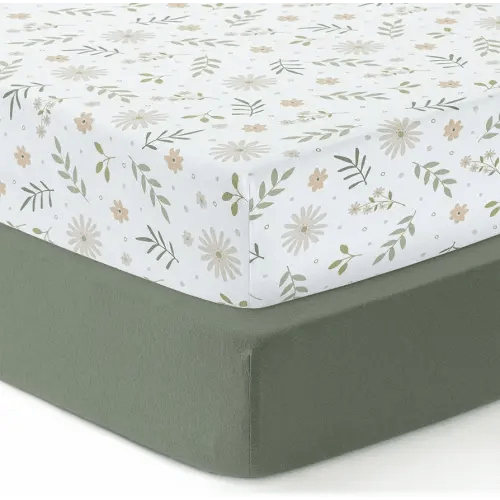 Mini Crib Fitted Sheet, 100% Cotton Knitted Jersey, Pack n Play Sheet, Breathable, Fitted Crib Sheets, Super Soft, Toddler Fitted Sheet,2 Pack,Green/Flowers, 38x24x6