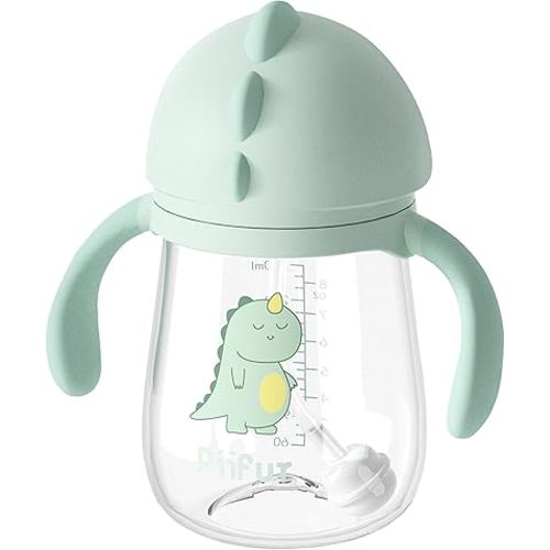 Piifur Baby Cup with Straw 12-18 months, Weighted ball Sippy cup for Toddlers with Handle, Water Bottle for Kids 8 Ounce (Green)