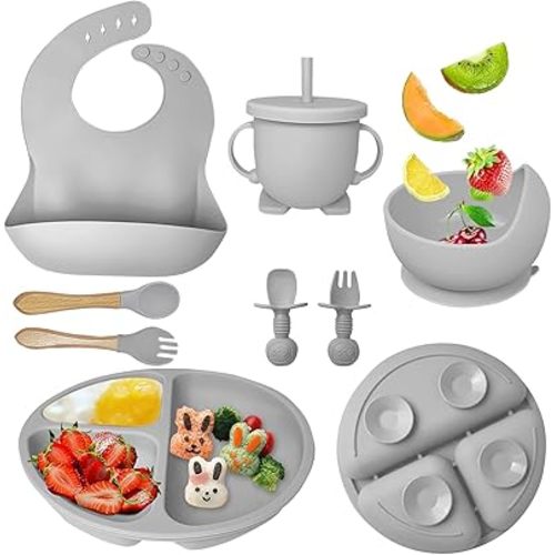 Silicone Baby Feeding Set, Baby Led Weaning Supplies with Suction Bowl Divided Plate, Toddler Self Feeding Dish Set with Spoons Forks Sippy Cup Adjustable Bib, Baby Eating Utensils (Grey)