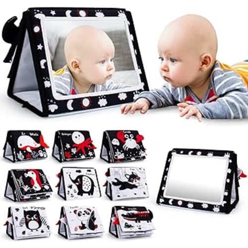 Tummy Time Mirror, Baby Tummy Time Toys with Soft Book, Black and White High Contrast Baby Toys, 3D Activity Sensory Montessori Toys Crawling Mat