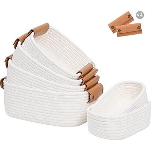 Storage Baskets for Organizing, Small Woven Basket Set of 6-4 Shelf Basket with Leather Handle and 2 Small Gift Baskets, Cotton Rope Basket for Shelves, Nursery, Dog Toy, Bathroom