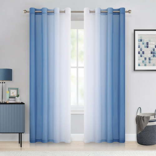 Junvictex Ombre Chiffon Sheer Curtains Blue 52" Wx54 "L for Bedroom Decoration, Window Treatments Grommet,2 Panels