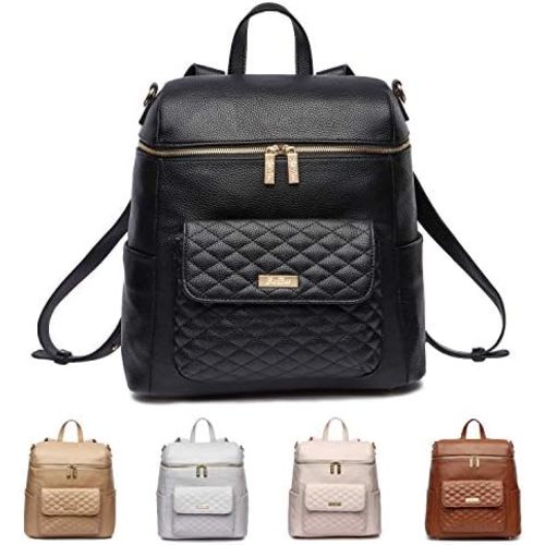 Monaco Large Backpack by Luli Bebe - Designer Modern Vegan Leather Stylish Baby Diaper Bag for Mom, Multipurpose, Roomy, with Changing Pad (Ebony Black)