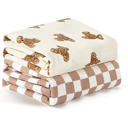 insular Muslin Swaddle Blankets for Boys Girls, 2 Pack Receiving Baby Blanket Large 47 x 47 inches, Soft Breathable Swaddling Wrap for Unisex Newborn, Teddy Bear&Checkered