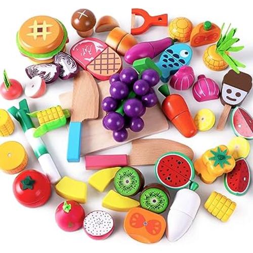 iPlay, iLearn Wooden Play Food Toy, Kids Wood Cutting Magnetic Fruit Vegetables, Toddler Cooking Pretend Play Kitchen Food Set, Montessori Educational Birthday Gift for Age 3 4 5 6 7 Year Old Girl Boy