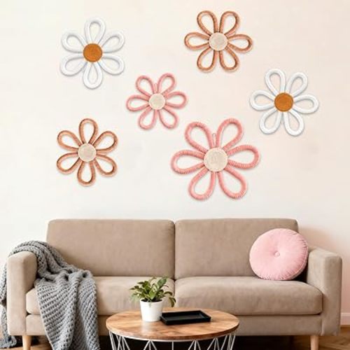 Vidroxin 6Pcs Boho Nursery Decor,Daisy Flower Woven Macrame Wall Hanging 3 Sizes,Floral Wall Art Bohemian Room Decor for Bedroom Above Bed,Home,Dorm,Office Decoration Set(Pink, Brown, White)