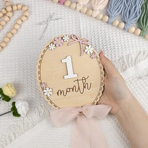 Baby Monthly Milestone Wooden Sign with Numbers and Stand – Natural Wood Milestone Board for Newborn Monthly Growth Photos – Cute 3D Flowers Photo Prop for Baby Milestone Memories (Light Pink Ribbon)