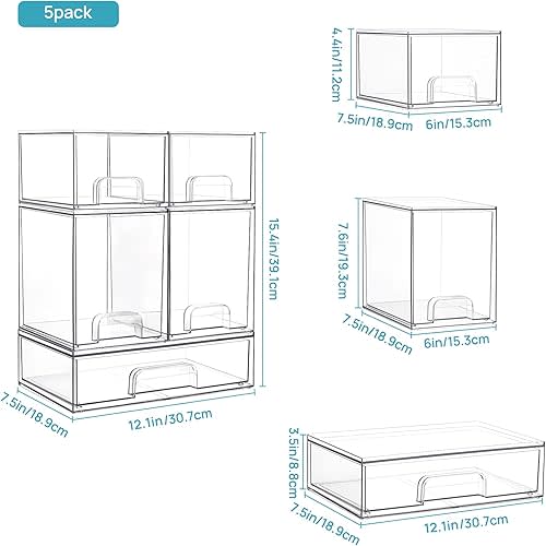 Vtopmart Stackable Storage Drawers Set of 5, Clear Plastic Organizer Bins for Beauty Supplies,Ideal for Vanity, Bathroom,Cabinet,Pantry Organization