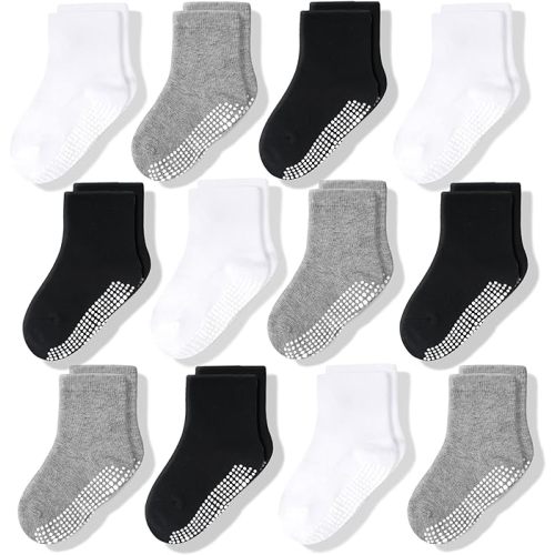CozyWay Baby Anti Slip Crew Socks 12 Pairs with Grips for Toddlers Little Boys Girls Infants Kids Non Skid - Gripper - 6-12 Months - Black/White/Gray