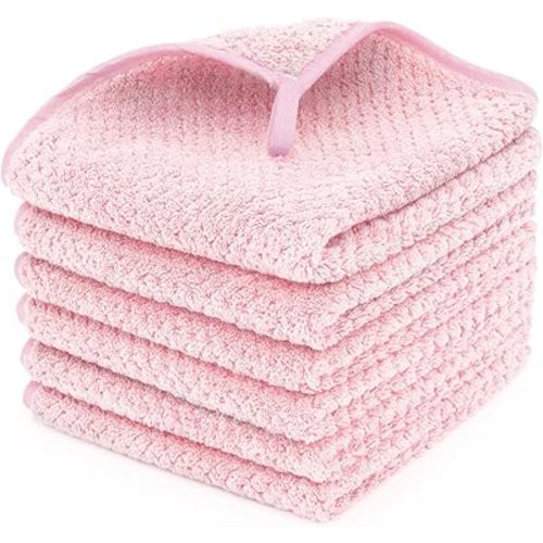 MaopaoBeauty 6 Piece Washcloth Set,100% Microfiber - Quick Dry, Thick, Soft, Plush and Highly Absorbent Luxury Hotel & Spa Bath Towel for Bathroom, Pack of 6, Pink