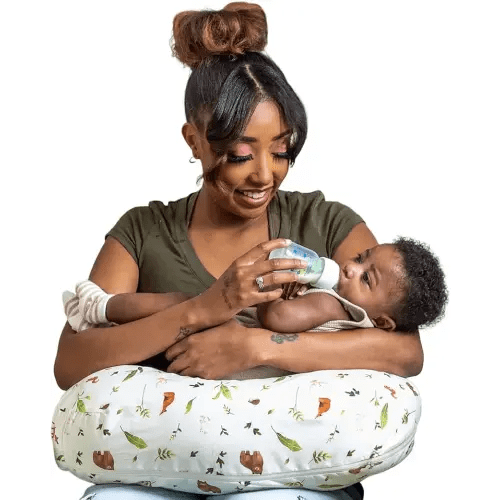 Boppy Nursing Pillow - Firm, Ergonomic U-Shaped Bottle and Breastfeeding Pillow with High Lift for Comfort and Support, Spacious Surface - Neutral Plants and Animals