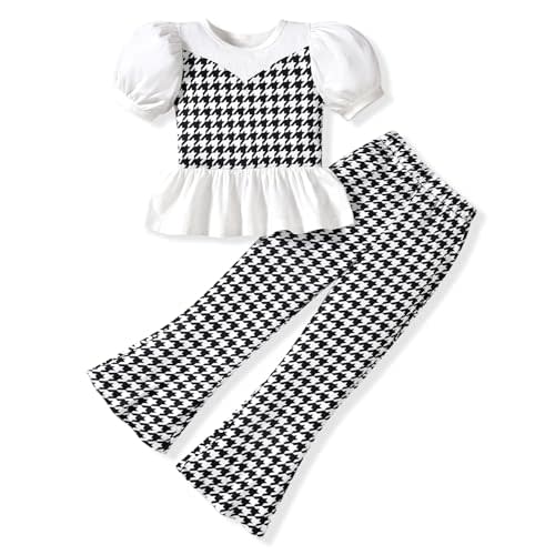 HIHA Toddler Girls Summer Outfit Puff Sleeve Ruffle Tops Flare Pants Clothes 2 Piece Clothing