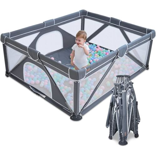 Foldable Baby Playpen, Yobear Playpen for Babies and Toddlers with 50 PCS Ocean Balls & 2 Handles, Indoor & Outdoor Kids Safety Play Pen Area, Portable Travel Play Yard (Black, 59" × 59")
