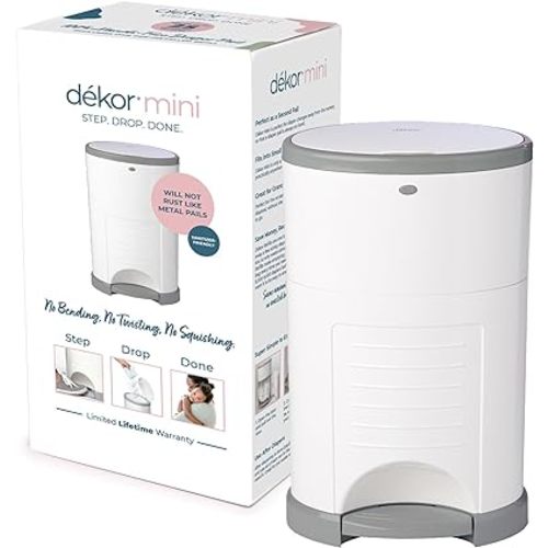 Diaper Dekor Mini Hands-Free Diaper Pail | White | Easiest to Use | Just Step – Drop – Done | Doesn’t Absorb Odors | 20 Second Bag Change | Most Economical Refill System