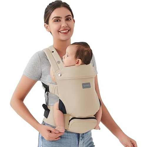 Baby Carrier Newborn - Ergonomic, Cozy and Lightweight Infant Carrier for 7-24lbs, Adjustable Neck Support, Ideal for Hands-Free Parenting, 100% Cotton, Khaki