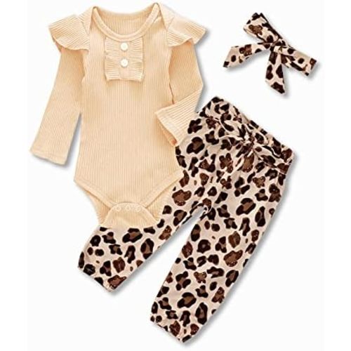 Kislio Newborn Baby Girls Clothes Ribbed Ruffled Romper+Floral Pants+Headband Infant Outfit Set
