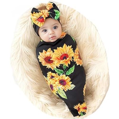 Galabloomer Newborn Sunflower Receiving Blanket Headband Set Baby Flower Rose Swaddle with Big Bow