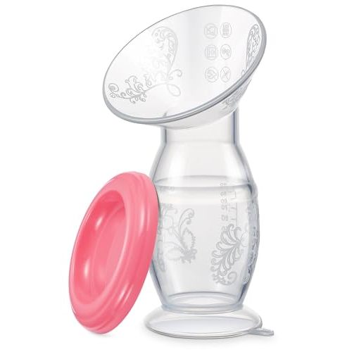 Yohcuro Manual Breast Pump, 4oz Food-Grade & BPA Free Silicone Pump with Lid, Breast Milk Collection, One-Size-Fits-All, High-Temperature Resistant, No-Leak Design (Pink)