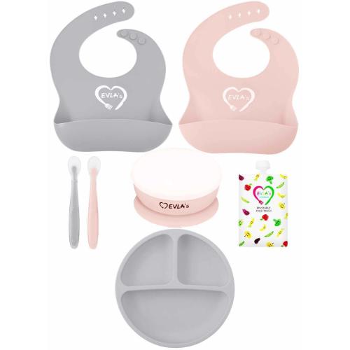 EVLA'S Complete Baby Feeding Set, Silicone Plate, Bowl with Lid, Soft Spoon, Adjustable Bib