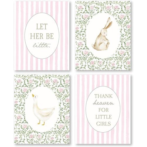 Pleonox Pink Floral Goose Bunny Nursery Wall Art Prints 8x10 Inch Set of 4, Pink and Green Cottagecore Botanical Floral Pictures Wall Decor for Baby Girl Nursery Room Bedroom Dorm Apartment, Unframed