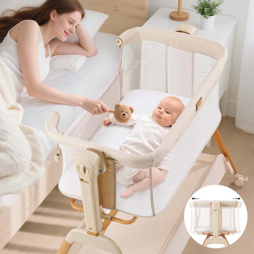 Baby Bassinet, Bobiber 3-in-1 Baby Bassinet Bedside Sleeper with Rocking and Adjustable Height, Storage Basket, Wheels, for 0-24 Months,White