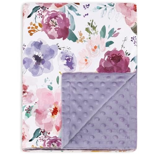 HOMRITAR Baby Blanket for Girls Soft Lightweight Minky Blanket with Double Layer Dotted Backing for Infant Toddler Nursery Crib with Purple Floral Design 30 x 40 Inch