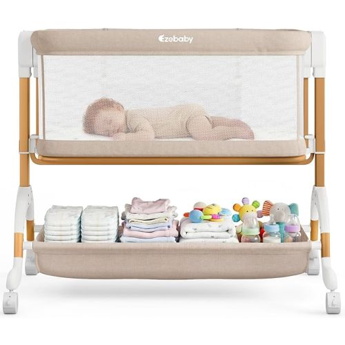 Ezebaby 3 in 1 Baby Bassinet Bedside Sleeper, Rocking Bassinet for Baby with Comfy Mattress & Breathable Full Mesh Sides, 7 Height Adjustable | Portable Crib for Newborns
