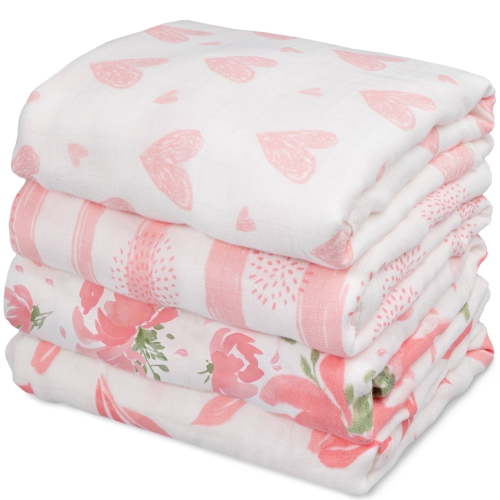 Gllquen Baby 4-Pack Muslin Swaddle Receiving Blankets for Newborn Infant Boys Girls 35"x40", Flower