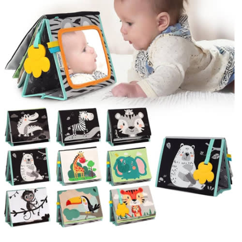 Tummy Time Mirror for Babies - High Contrast Baby Mirror Book with Silicone Teether & Crinkle Pages - Tummy Time Toys for Babies 0 3 6 9 Months