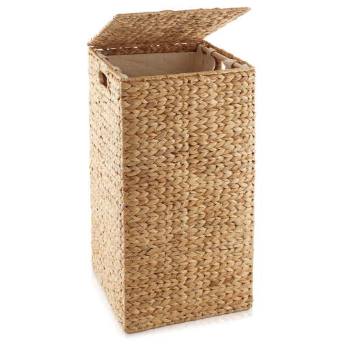 Casafield Laundry Hamper with Lid and Removable Liner Bag - Natural, Woven Water Hyacinth Square Laundry Basket for Clothes