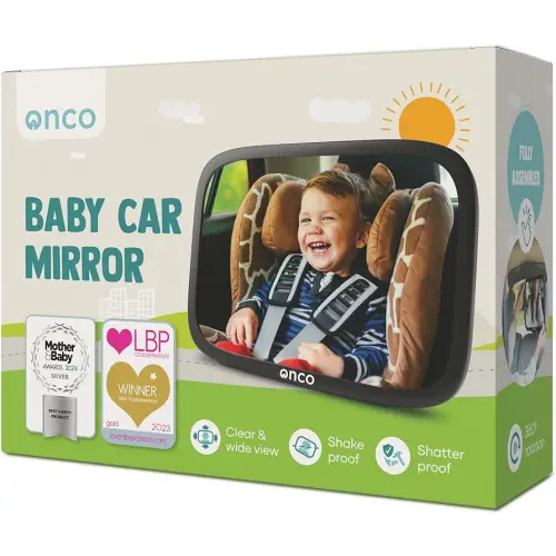 Onco Baby Car Mirror Rear Facing - Double Award-Winning Convex Car Mirror for Baby, 100% Shatterproof & Shakeproof with 360° Rotation, Newborn Essentials (9.6 x 6.9 in)