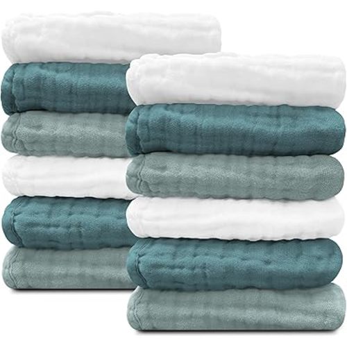 Sunny zzzZZ Baby Muslin Washcloths -100% Cotton Muslin Soft Baby Bath Wash Cloths and Absorbent Burp Cloths for Newborns Kids Girls and Boys -12 Pack, 12x12 Inches - White+Light Emerald Series