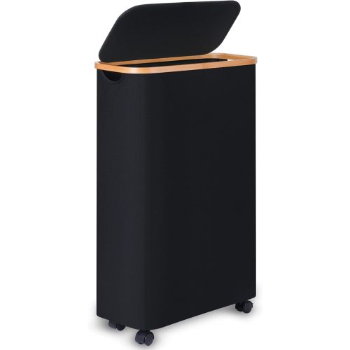 Slim Laundry Basket with Wheels,Narrow Hampers for Laundry,Freestanding Laundry Hamper with Lid&Bamboo Handles,Collapsible & Waterproof Tall Cloth Hamper for Dorm Family(60L Black)