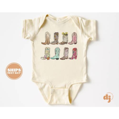 Baby Bodysuit - Western Boots Cowgirl Bodysuit - Retro Natural Baby Bodysuit #5957