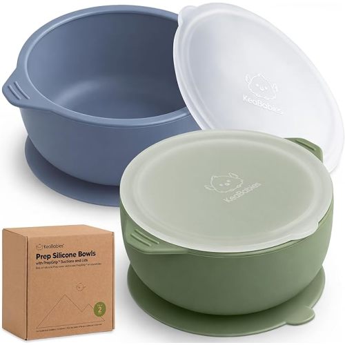 KeaBabies 2-Pack Baby Bowls with Suctions, Lids, BPA-Free Silicone (Slate)