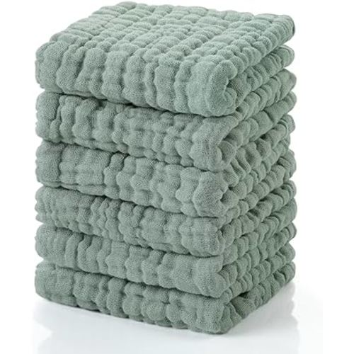 Looxii Muslin Baby Washcloths 6 Pack, 100% Cotton Baby Wash Cloths for Baby Face Body, 12x12 Inches Large Soft Absorbent Face Towels for Newborns Dark Green