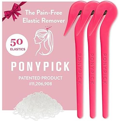 THE PONY PICK Hair Elastic Rubber Bands Cutter Tool – Easy To Use, Pain Free, No Hair Damage – Ponytail Cutter Tool for Kids & Toddlers (3 Packs of Pony Pick & 50 Clear Hair Elastics)