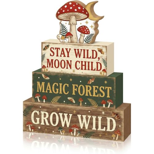 4 Pcs Mushroom Cottagecore Wooden Room Decor Aesthetic Woodland Nursery Table Decor Nature Theme Wooden Signs Teen Girl Bedroom Shelf Sitter Magic Forest Home Decorations Gift