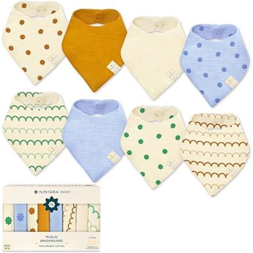 NINTARABABY Bandana Bibs - 100% Organic Premium Muslin Cotton, Absorbent, Soft, Adjustable Snap Buttons, Reversible, 6-Layers for Drooling, Teething, Feeding, Gifts for Babies Ages 0-3, Pack of 8