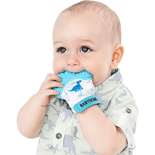 Teething Mitten | The Original Paw Safe Silicone Toys or Ring Provides Self-Soothing Relief Dino Blue Teether