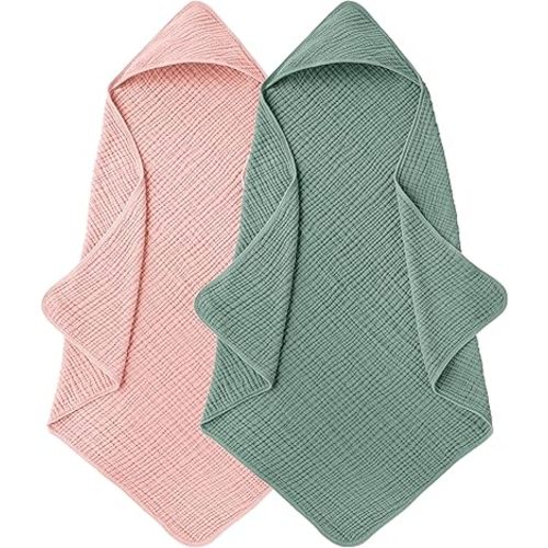 Muslin Hooded Baby Towels for Newborns, Toddler Bath Towel, 100% Cotton – 6 Layers Super Soft Absorbent Breathable, Baby Bath Towel, 32"x32", Newborn Essentials – Pack of 2