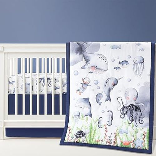 3 Pcs Baby Crib Bedding Set Under The Sea Ocean Nursery Nautical Crib Set Includes Ocean Quilt, Fitted Sheet, Skirt for Baby Boy Girl(Blue)
