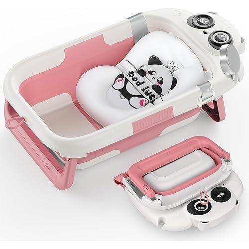 Foldable Baby Bathtub, Lightweight Bathtub for Infants to Toddlers with Soft Cushion & Thermometer, Portable Baby Tub Newborn to Toddler 0-24 Months(Pink)