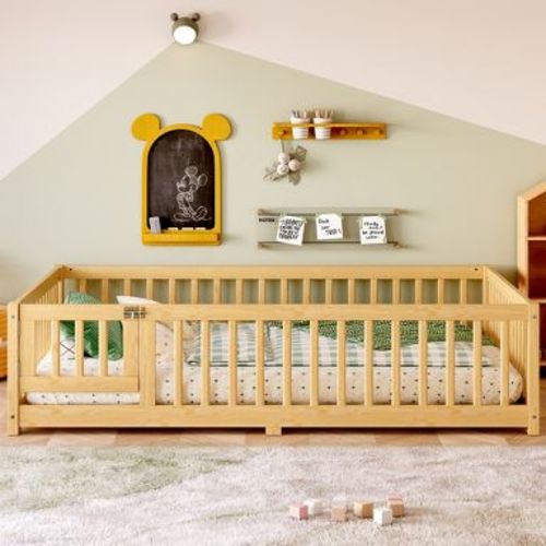 Bellemave Full Size Floor Bed with Slats and Center Support Bar, Full Size Floor Bed with Fence and Door, Natural