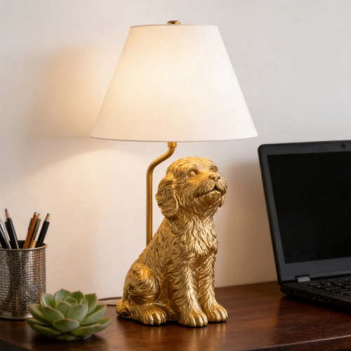 Leutsin Golden Doodle Table Lamp with Painted Gold Finish & Tapered Linen Shade,18" H,Modern Nightstand Lighting for Bedroom Nightstand or Living Room Decor,Soft Light
