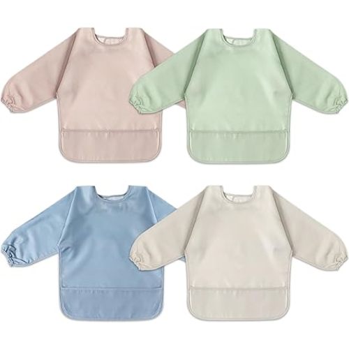 4 Pack Long Sleeve Bib, Waterproof Sleeved Smock for Baby Boy or Girl, Toddler Full Sleeve Bib Outfit, Reusable Bib with Pocket, Fits Ages 6-24 Months