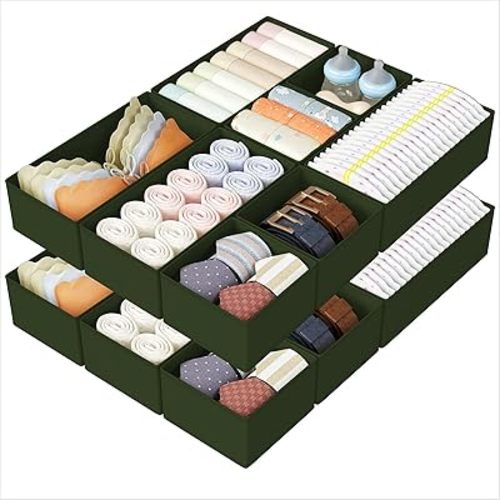 DIMJ Drawer Organizers Clothes, Set of 16 Dresser Organizer Bins, Fabric Closet Organizers and Storage, Shallow Drawer Dividers for Nursery, Clothing, Baby Clothes, Socks, Underwears, Tie (Green)